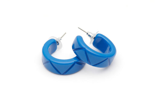 Splendette vintage inspired 1940s 1950s holiday vacation style carved blue fakelite Pacific Carved Hoop Earrings