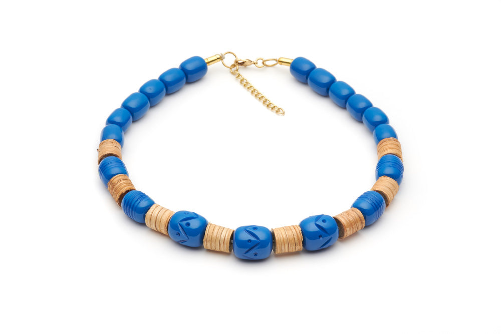 Splendette vintage inspired 1940s 1950s holiday vacation style carved blue fakelite Pacific Light Cane Bead Necklace
