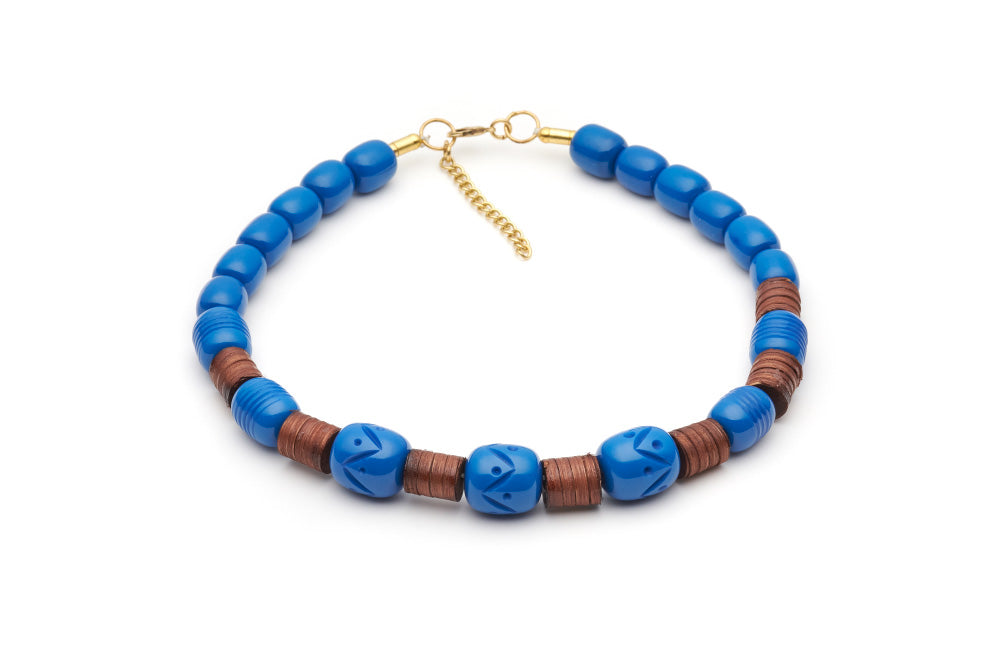 Splendette vintage inspired 1940s 1950s holiday vacation style carved blue fakelite Pacific Mid Cane Bead Necklace
