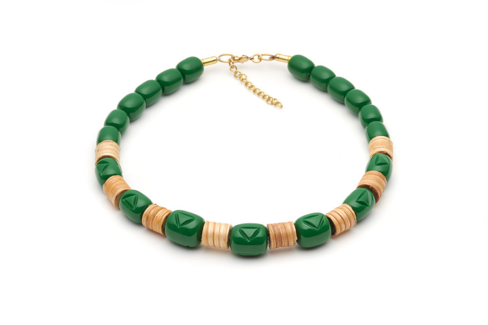 Splendette vintage inspired 1940s 1950s Bakelite style carved green fakelite Parakeet Light Cane Bead Necklace