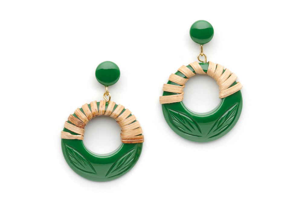 Splendette vintage inspired 1940s 1950s Bakelite style carved green fakelite Parakeet Light Cane Drop Hoop Earrings