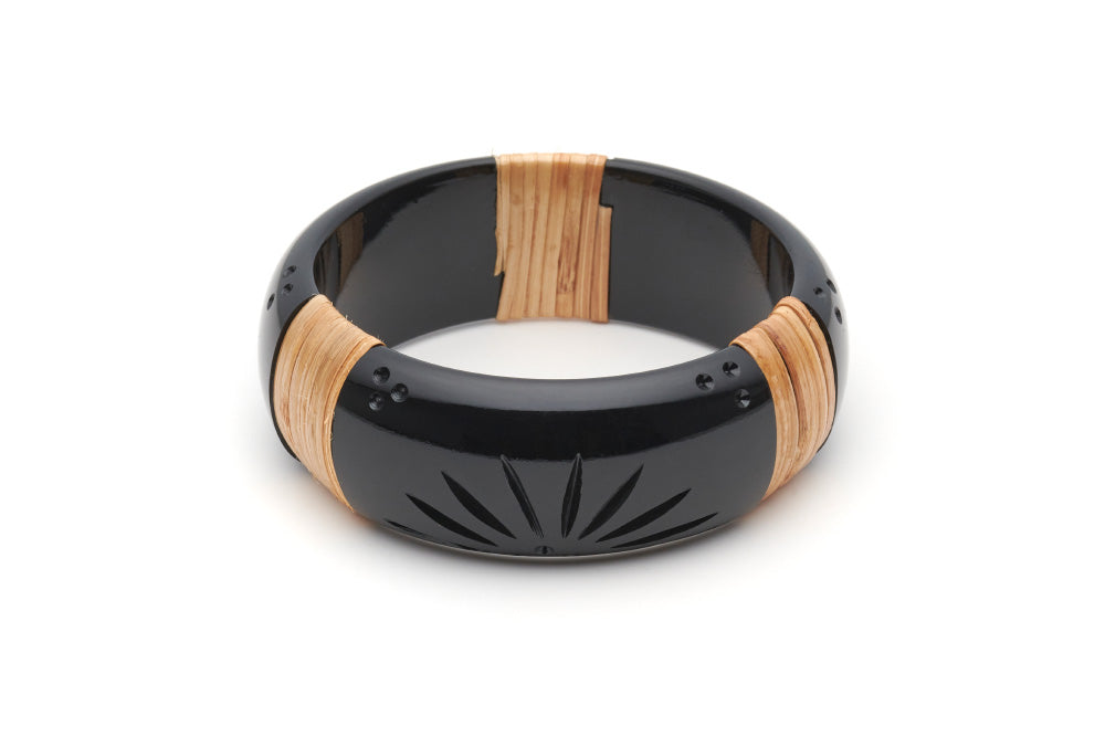 Splendette vintage inspired 1940s 1950s Bakelite Style black carved fakelite Wide Panther Light Cane Bangle in larger Duchess size