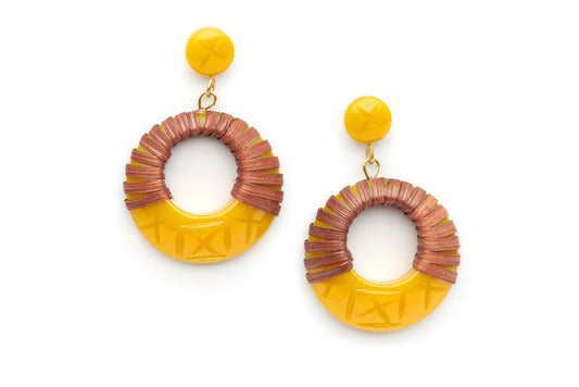 Splendette vintage inspired 1940s 1950s tropical style carved yellow fakelite Ochre Mid Cane Drop Hoop Earrings