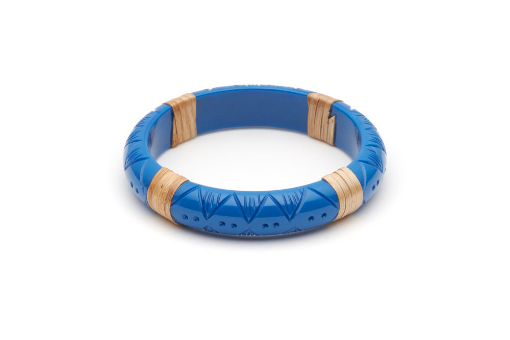 Splendette vintage inspired 1940s 1950s holiday vacation style carved blue fakelite Midi Pacific Light Cane Bangle in larger Duchess size.