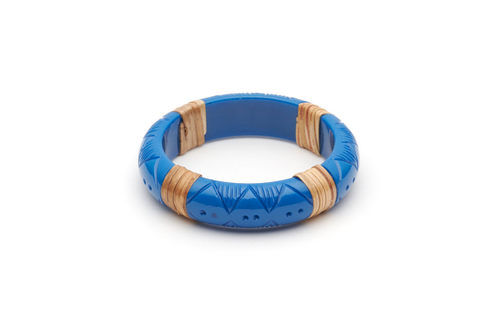 Splendette vintage inspired 1940s 1950s holiday vacation style carved blue fakelite Midi Pacific Light Cane Bangle in smaller Maiden size.