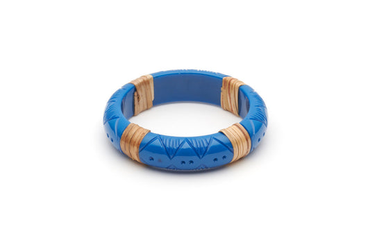 Splendette vintage inspired 1940s 1950s holiday vacation style carved blue fakelite Midi Pacific Light Cane Bangle in smaller Maiden size.
