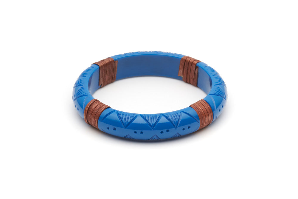 Splendette vintage inspired 1940s 1950s holiday vacation style carved blue fakelite Midi Pacific Mid Cane Bangle in larger Duchess size.