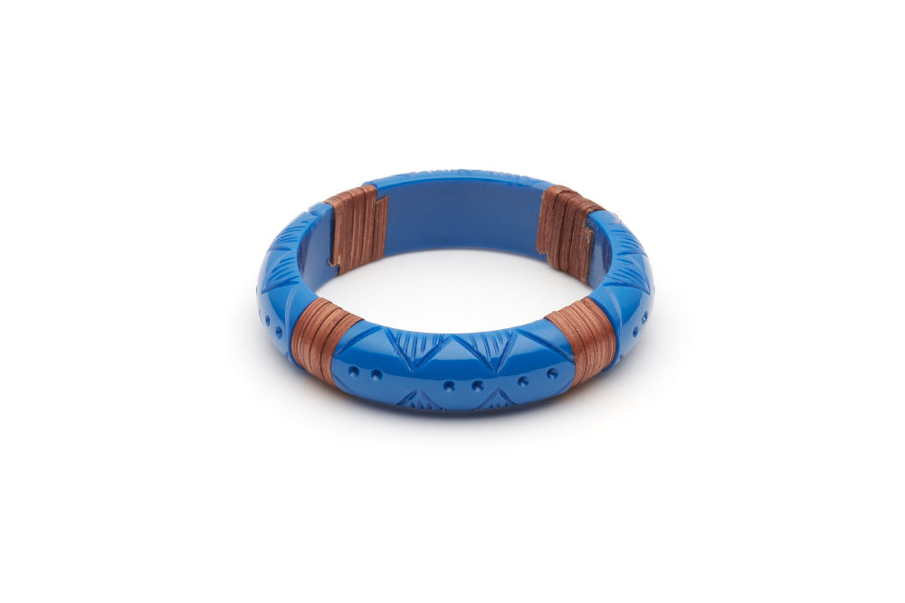 Splendette vintage inspired 1940s 1950s holiday vacation style carved blue fakelite Midi Pacific Mid Cane Bangle in smaller Maiden size.