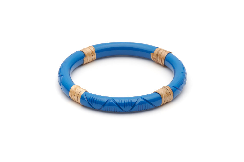 Splendette vintage inspired 1940s 1950s holiday vacation style carved blue fakelite Narrow Pacific Light Cane Bangle in larger Duchess size.