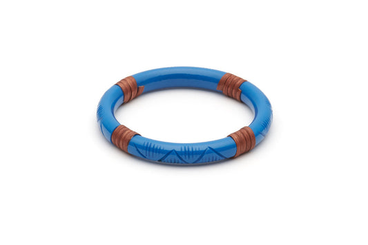 Splendette vintage inspired 1940s 1950s holiday vacation style carved blue fakelite Narrow Pacific Mid Cane Bangle in Classic size.