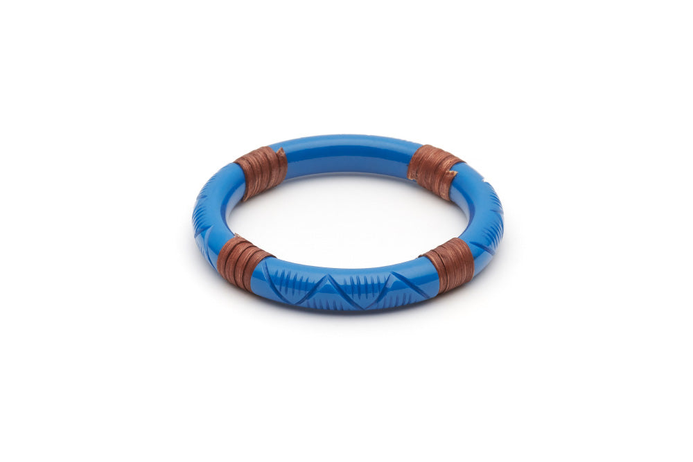 Splendette vintage inspired 1940s 1950s holiday vacation style carved blue fakelite Narrow Pacific Mid Cane Bangle in smaller Maiden size.
