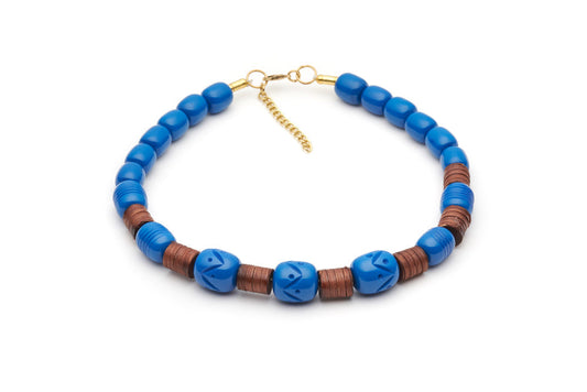 Splendette vintage inspired 1940s 1950s holiday vacation style carved blue fakelite Pacific Mid Cane Bead Necklace