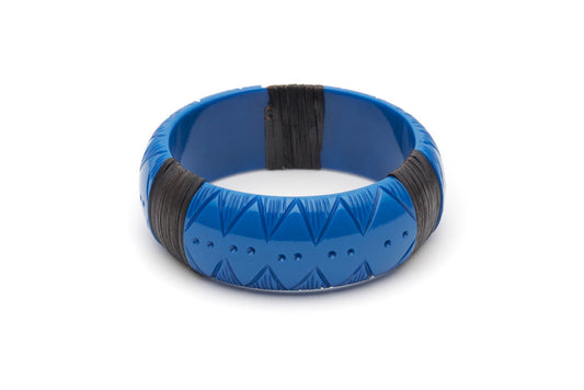 Splendette vintage inspired 1940s 1950s holiday vacation style carved blue fakelite Wide Pacific Dark Cane Bangle in larger Duchess size.