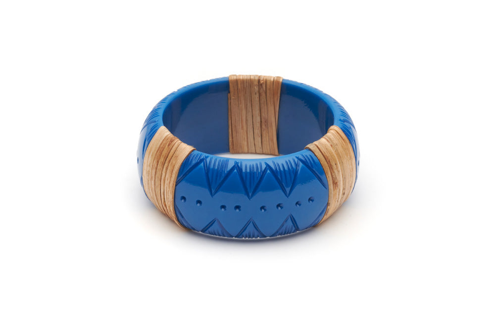Splendette vintage inspired 1940s 1950s holiday vacation style carved blue fakelite Wide Pacific Light Cane Bangle in smaller Maiden size.