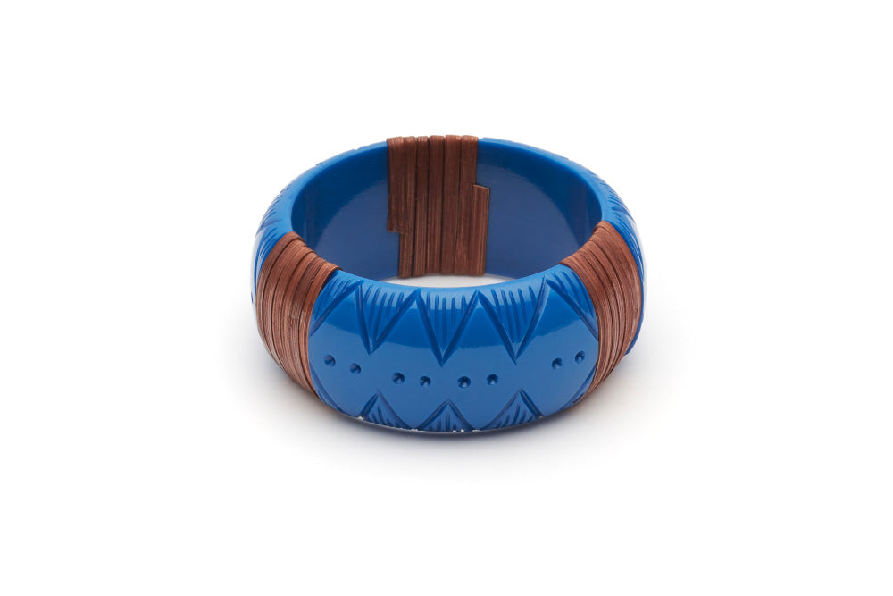 Splendette vintage inspired 1940s 1950s holiday vacation style carved blue fakelite Wide Pacific Mid Cane Bangle in smaller Maiden size.