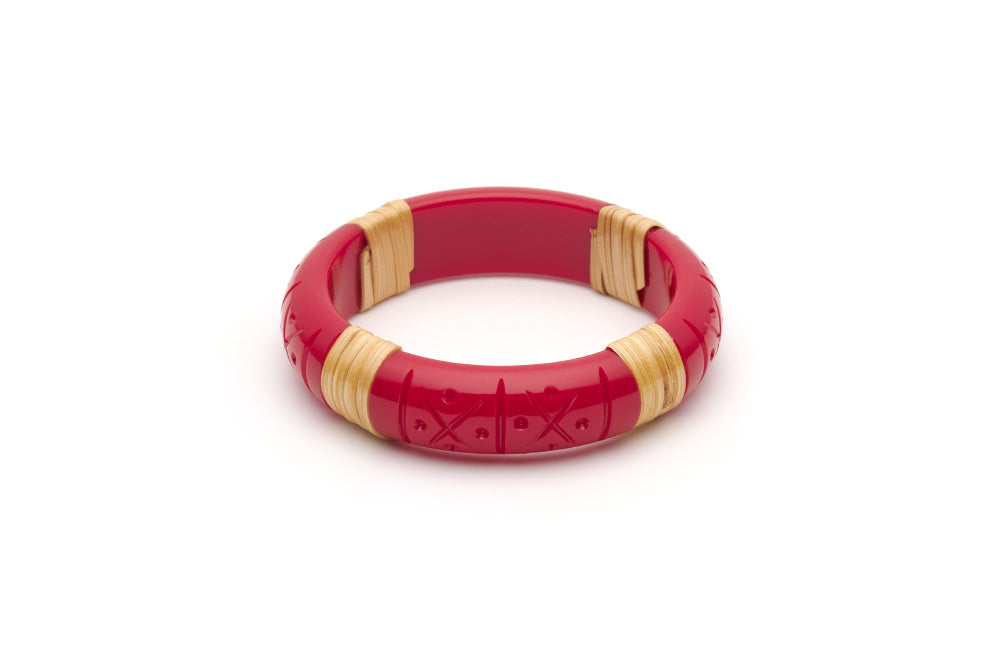 Splendette vintage inspired 1940s 1950s tropical style carved red fakelite Midi Rosella Light Cane Bangle in smaller Maiden size