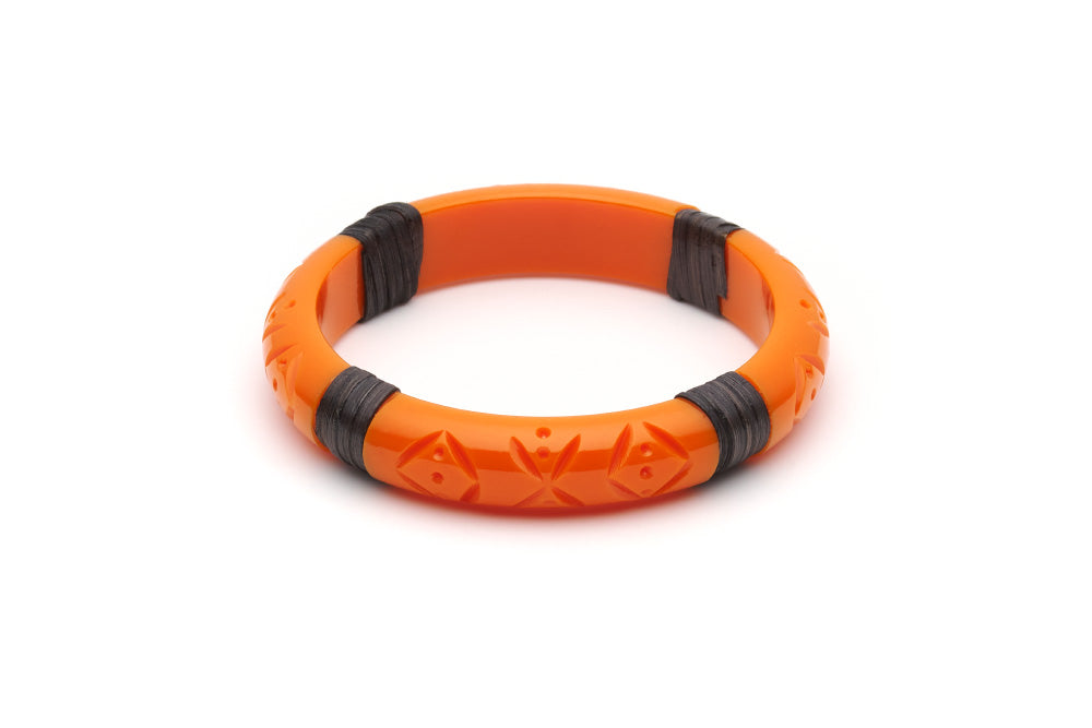 Splendette vintage inspired 1940s 1950s tropical style carved orange fakelite Midi Tangerine Dark Cane Bangle in larger Duchess size