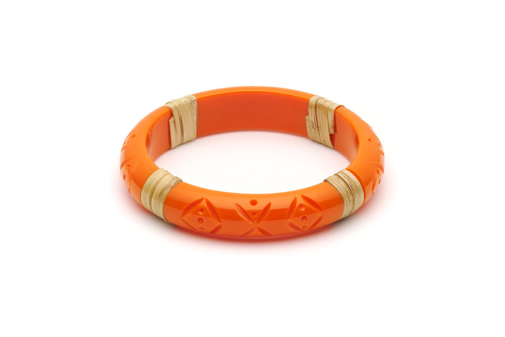 Splendette vintage inspired 1940s 1950s tropical style carved orange fakelite Midi Tangerine Light Cane Bangle in larger Duchess size