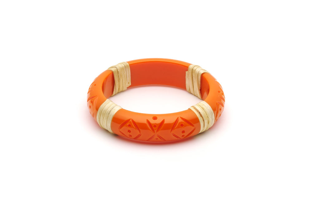 Splendette vintage inspired 1940s 1950s tropical style carved orange fakelite Midi Tangerine Light Cane Bangle in smaller Maiden size