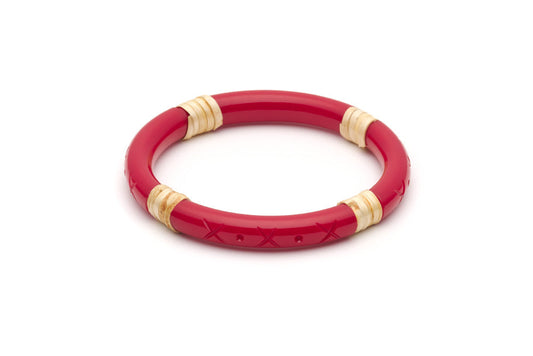 Splendette vintage inspired 1940s 1950s tropical style carved red fakelite Narrow Rosella Light Cane Bangle in larger Duchess size