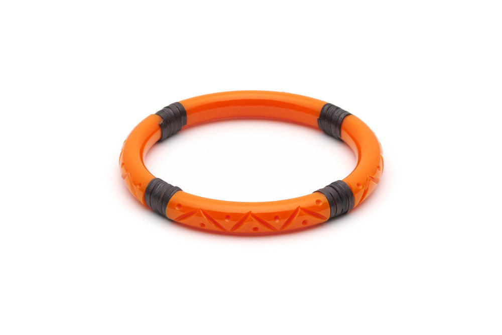 Splendette vintage inspired 1940s 1950s tropical style carved orange fakelite Narrow Tangerine Dark Cane Bangle in larger Duchess size