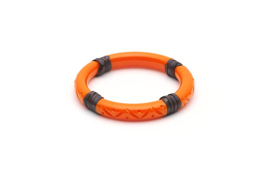 Splendette vintage inspired 1940s 1950s tropical style carved orange fakelite Narrow Tangerine Dark Cane Bangle in smaller Maiden size