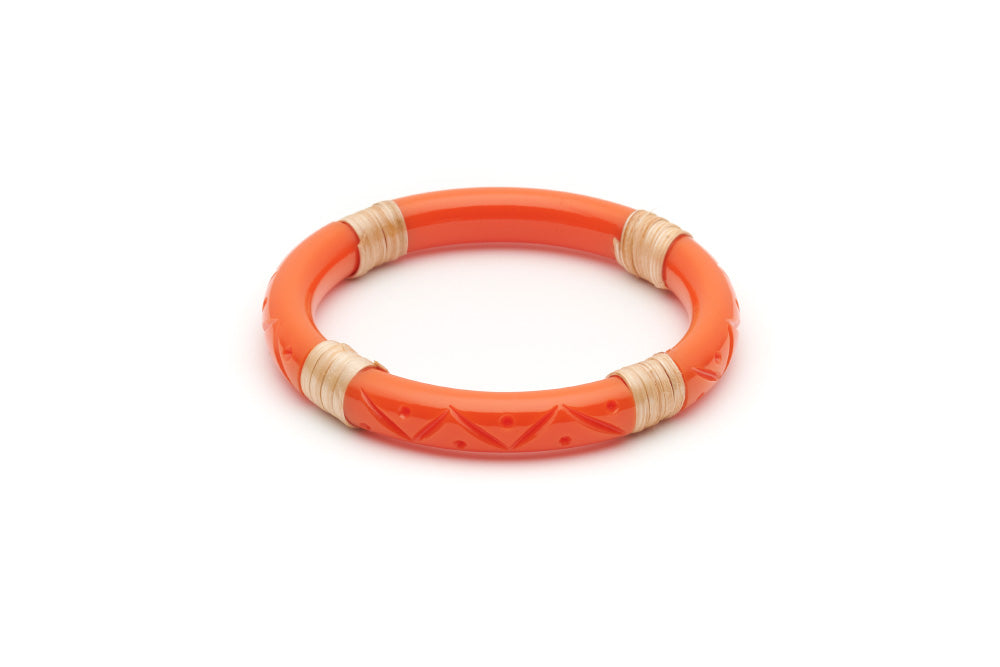 Splendette vintage inspired 1940s 1950s tropical style carved orange fakelite Narrow Tangerine Light Cane Bangle in Classic size