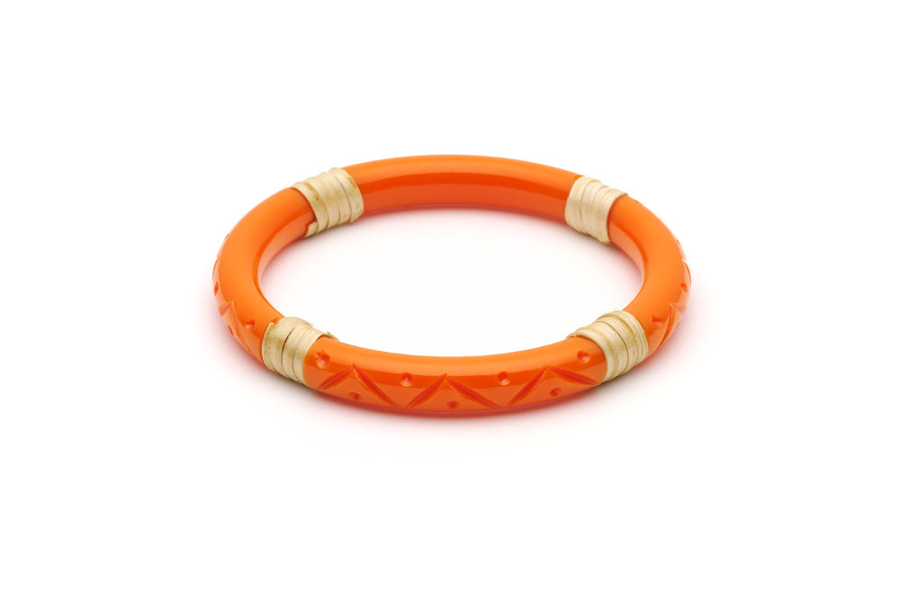 Splendette vintage inspired 1940s 1950s tropical style carved orange fakelite Narrow Tangerine Light Cane Bangle in larger Duchess size