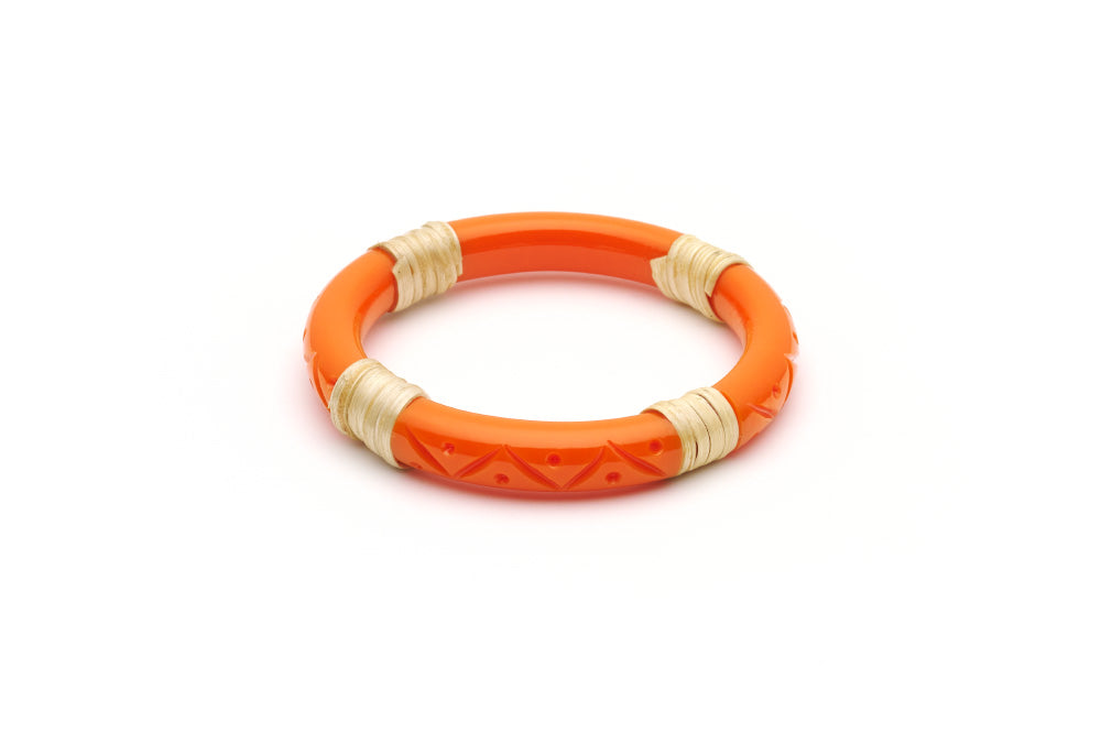 Splendette vintage inspired 1940s 1950s tropical style carved orange fakelite Narrow Tangerine Light Cane Bangle in smaller Maiden size