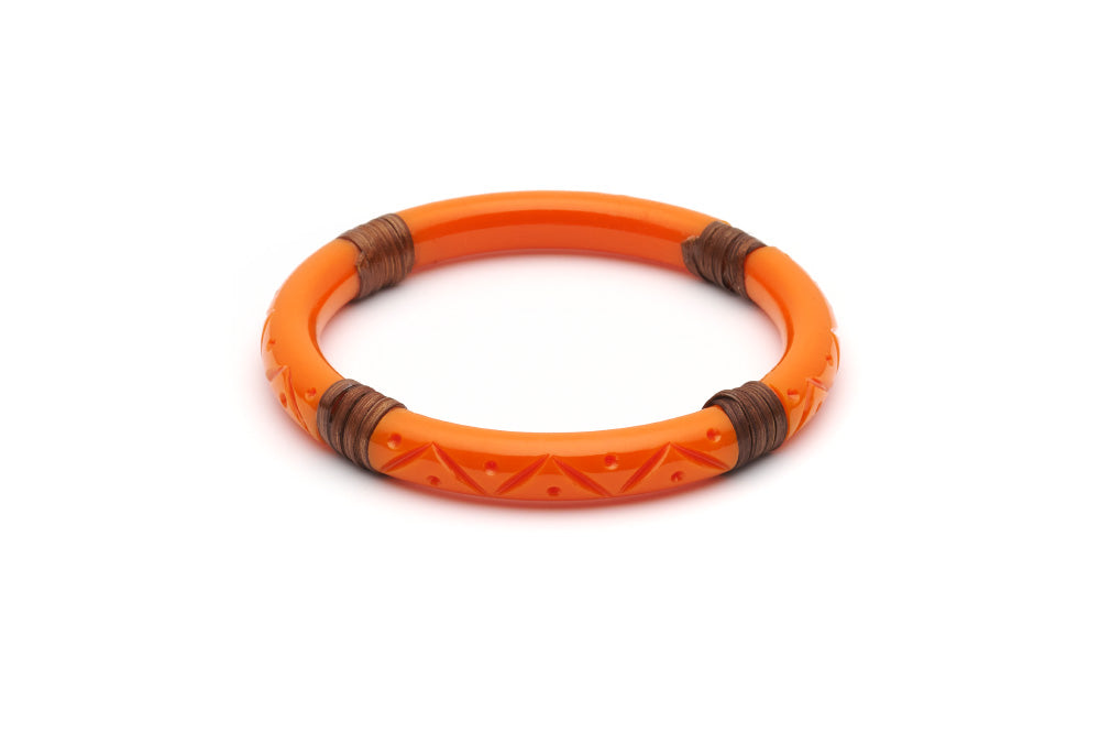 Splendette vintage inspired 1940s 1950s tropical style carved orange fakelite Narrow Tangerine Mid Cane Bangle in larger Duchess size