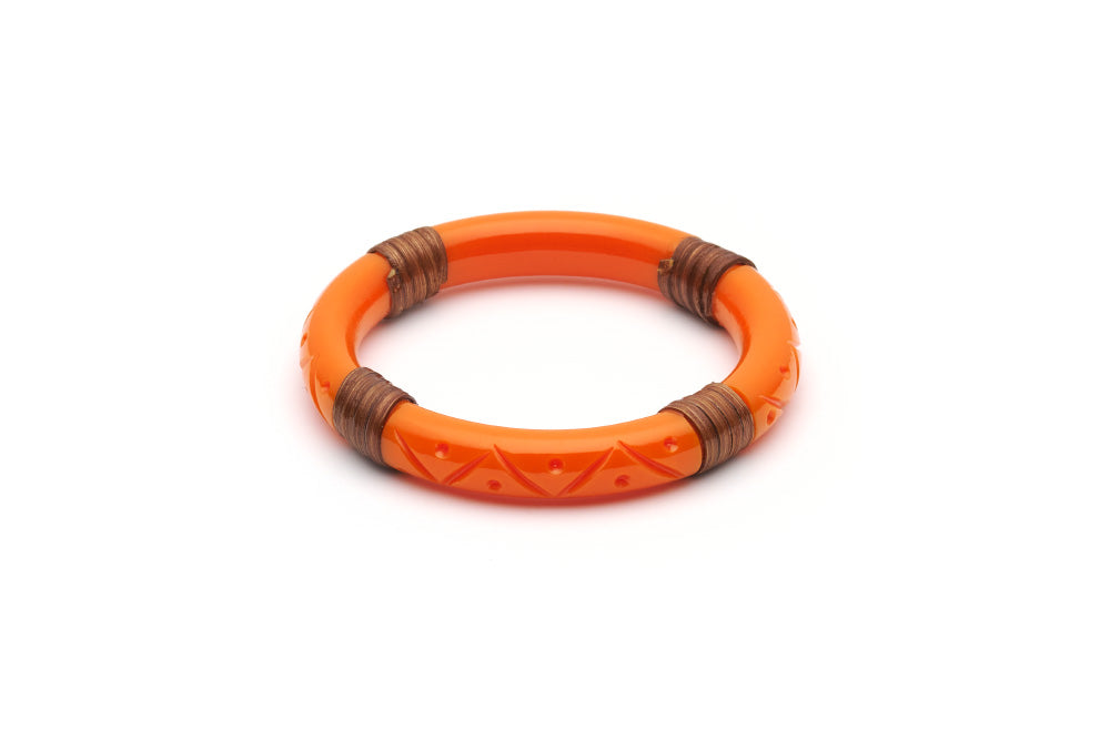 Splendette vintage inspired 1940s 1950s tropical style carved orange fakelite Narrow Tangerine Mid Cane Bangle in smaller Maiden size