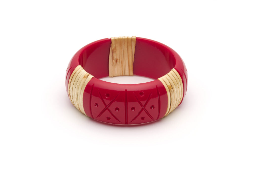 Splendette vintage inspired 1940s 1950s tropical style carved red fakelite Wide Rosella Light Cane Bangle in Classic size