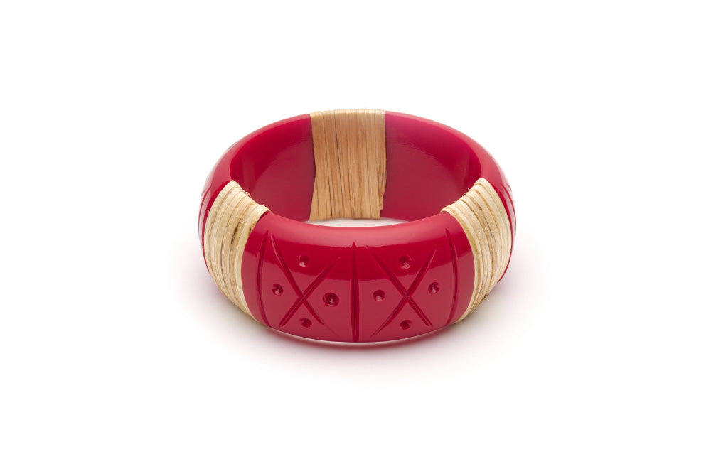 Splendette vintage inspired 1940s 1950s tropical style carved red fakelite Wide Rosella Light Cane Bangle in smaller Maiden size
