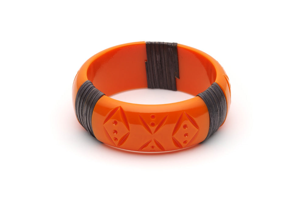 Splendette vintage inspired 1940s 1950s tropical style carved orange fakelite Wide Tangerine Dark Cane Bangle in larger Duchess size