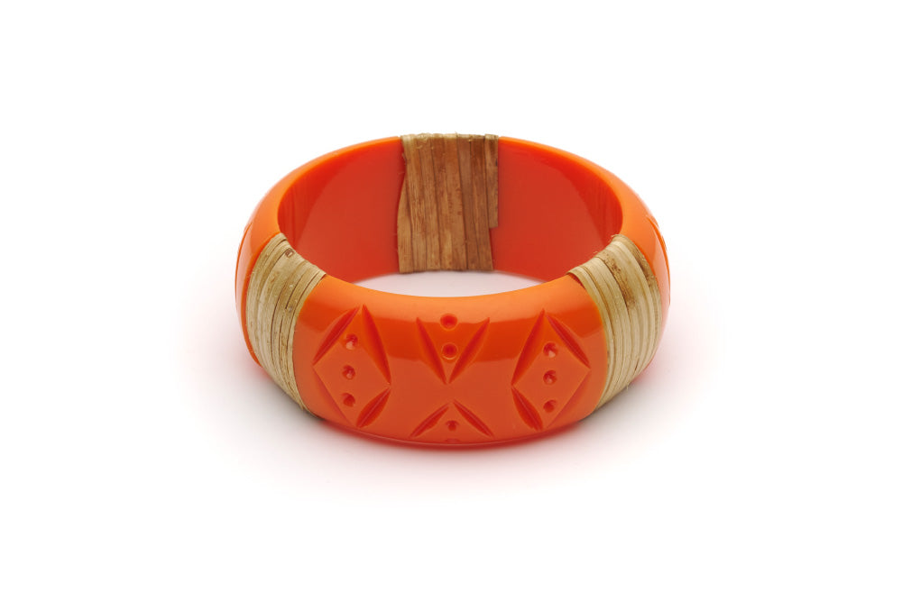 Splendette vintage inspired 1940s 1950s tropical style carved orange fakelite Wide Tangerine Light Cane Bangle in Classic size