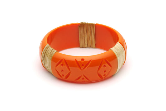 Splendette vintage inspired 1940s 1950s tropical style carved orange fakelite Wide Tangerine Light Cane Bangle in larger Duchess size