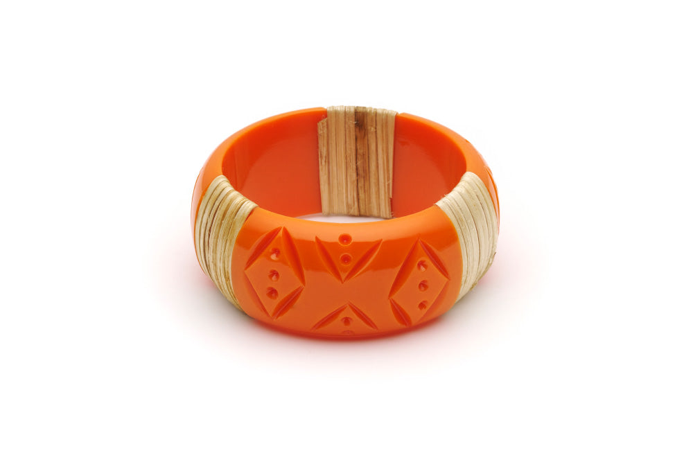 Splendette vintage inspired 1940s 1950s tropical style carved orange fakelite Wide Tangerine Light Cane Bangle in smaller Maiden size