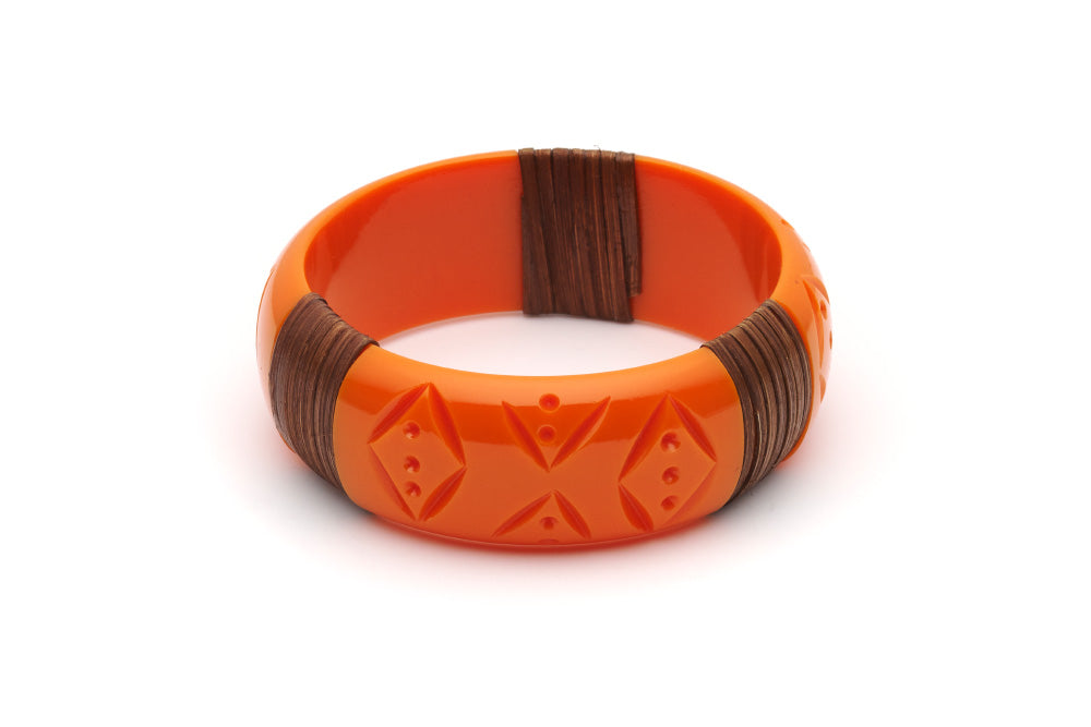 Splendette vintage inspired 1940s 1950s tropical style carved orange fakelite Wide Tangerine Mid Cane Bangle in larger Duchess size