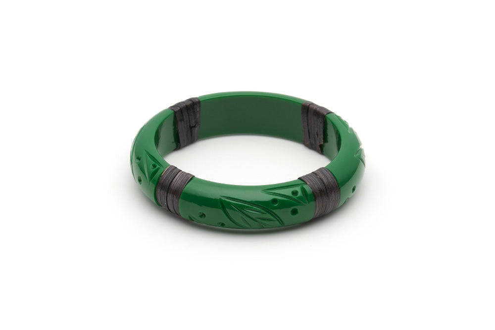 Splendette vintage inspired 1940s 1950s Bakelite style carved green fakelite Midi Parakeet Dark Cane Bangle in Classic size