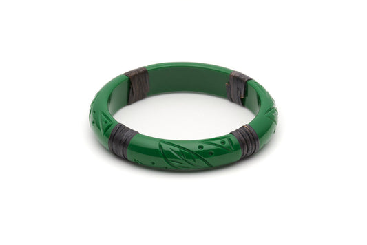 Splendette vintage inspired 1940s 1950s Bakelite style carved green fakelite Midi Parakeet Dark Cane Bangle in larger Duchess size