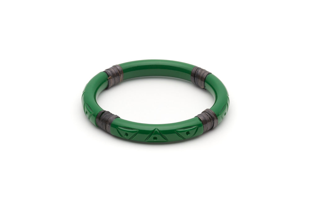 Splendette vintage inspired 1940s 1950s Bakelite style carved green fakelite Narrow Parakeet Dark Cane Bangle in Classic size
