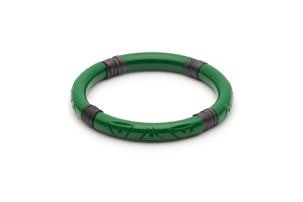 Splendette vintage inspired 1940s 1950s Bakelite style carved green fakelite Narrow Parakeet Dark Cane Bangle in larger Duchess size