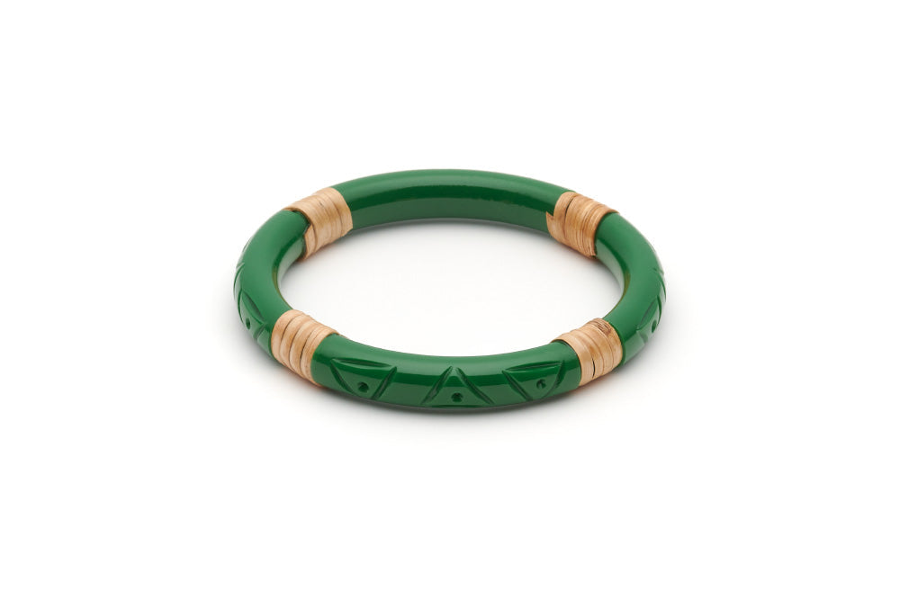 Splendette vintage inspired 1940s 1950s Bakelite style carved green fakelite Narrow Parakeet Light Cane Bangle in Classic size