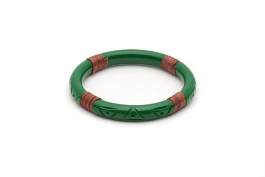 Splendette vintage inspired 1940s 1950s Bakelite style carved green fakelite Narrow Parakeet Mid Cane Bangle in Classic size