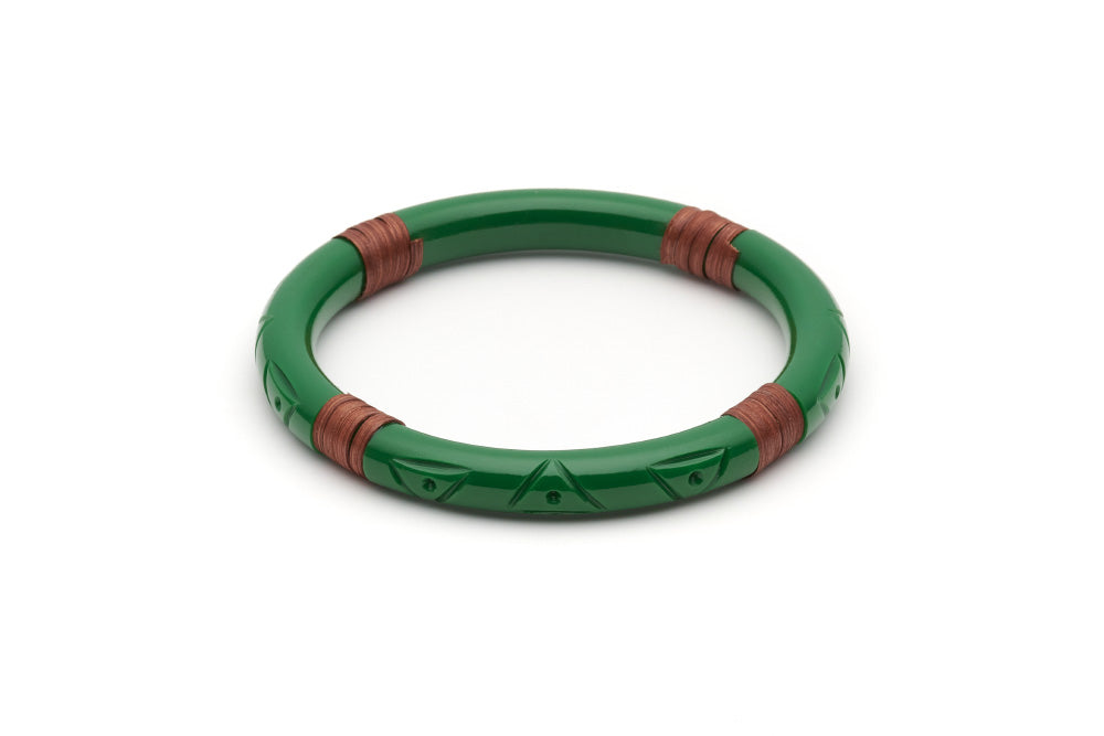 Splendette vintage inspired 1940s 1950s Bakelite style carved green fakelite Narrow Parakeet Mid Cane Bangle in larger Duchess size