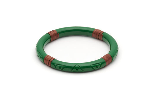 Splendette vintage inspired 1940s 1950s Bakelite style carved green fakelite Narrow Parakeet Mid Cane Bangle in larger Duchess size
