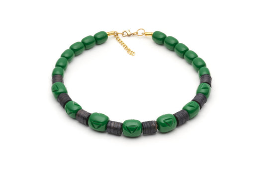 Splendette vintage inspired 1940s 1950s Bakelite style carved green fakelite Parakeet Dark Cane Bead Necklace