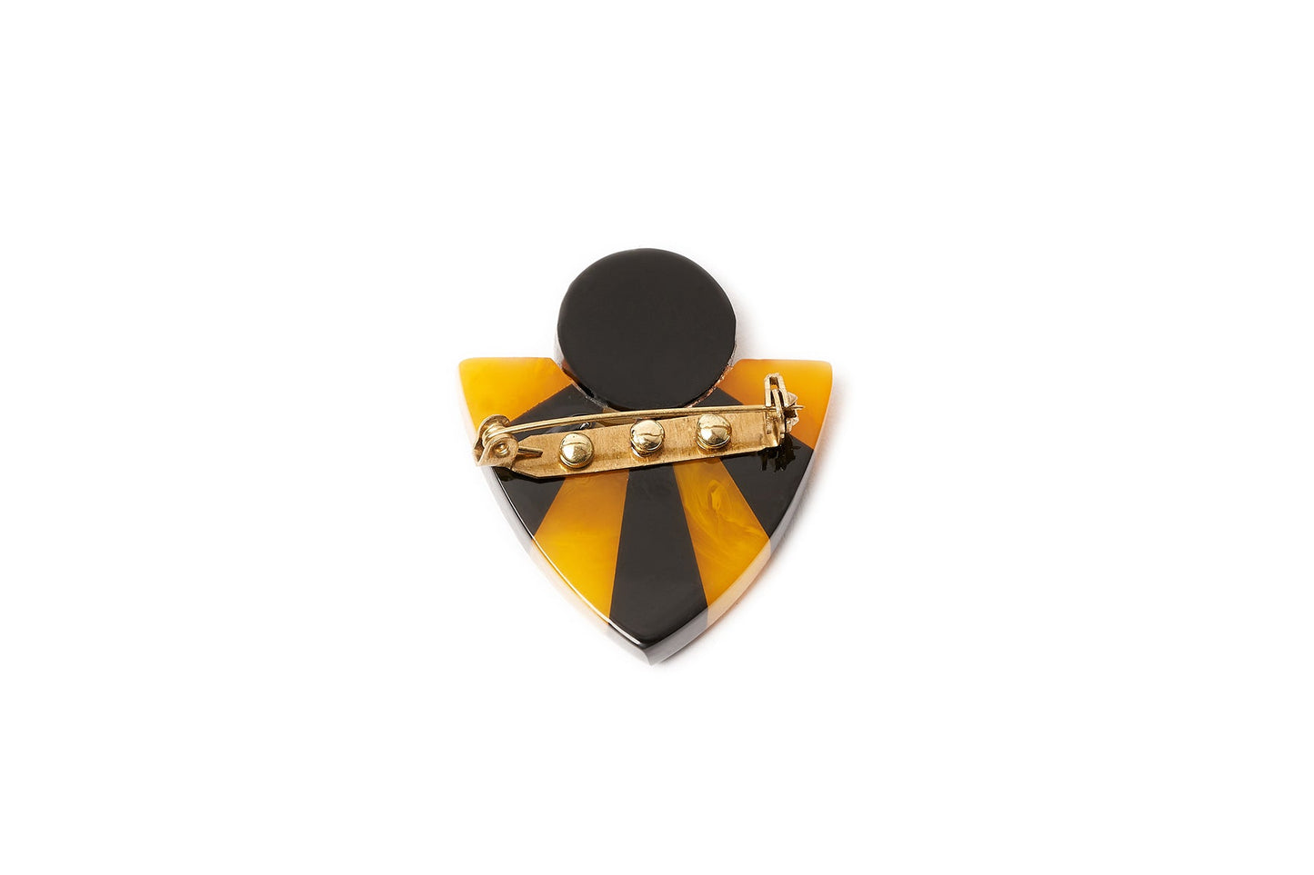 Splendette vintage inspired 1930s style carved yellow and black Sand Fakelite Brooch reverseh