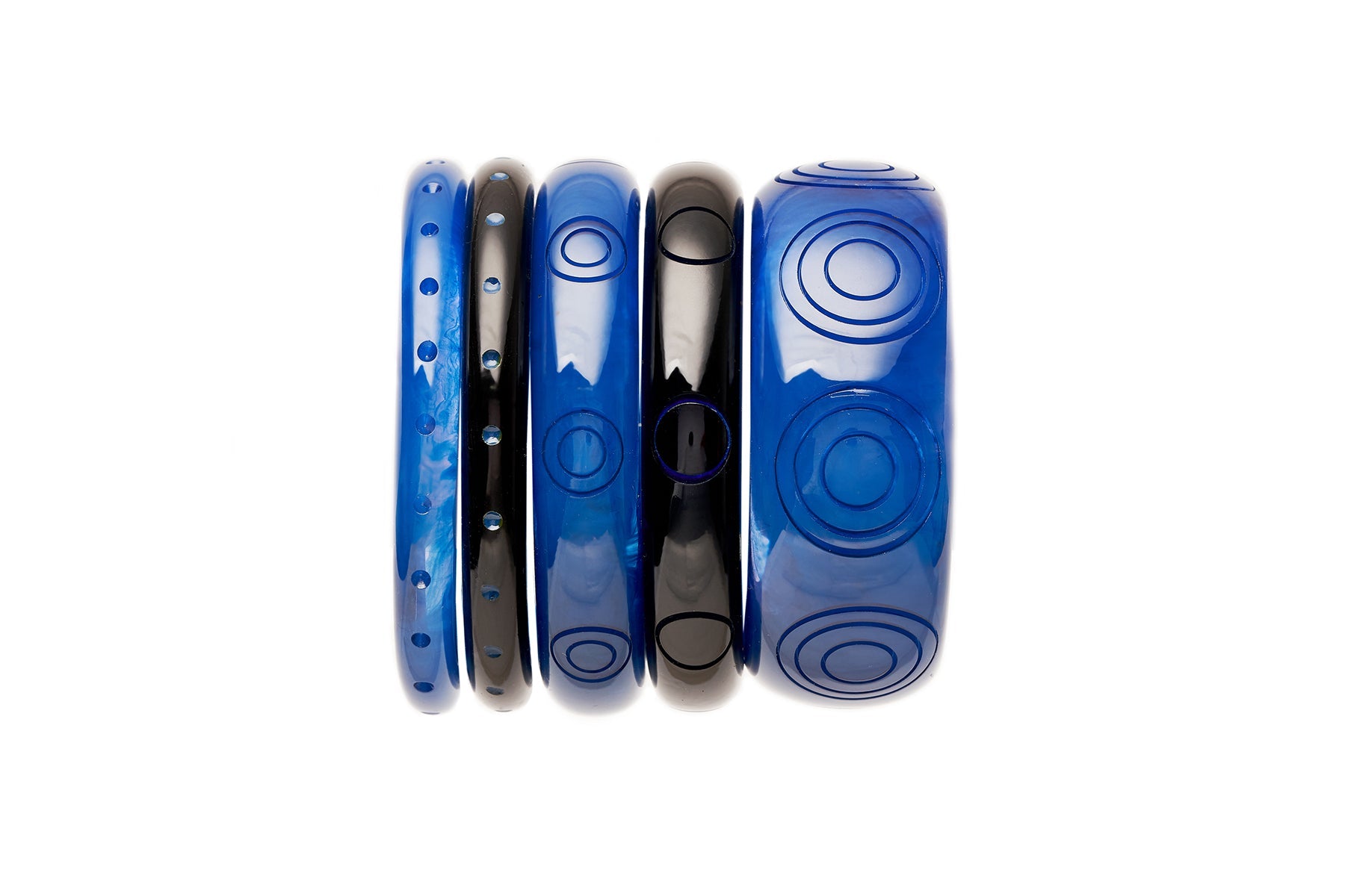 Splendette vintage inspired 1940s style carved Bristol Blue Fakelite Bangles in a stack
