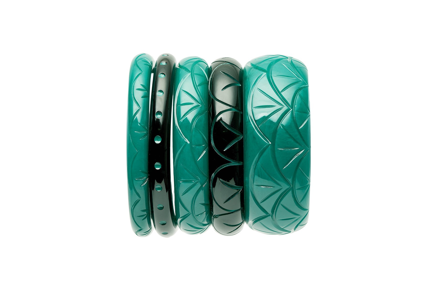 Stack of Splendette's vintage inspired Art Deco style carved green and black Drille Fakelite Bangles